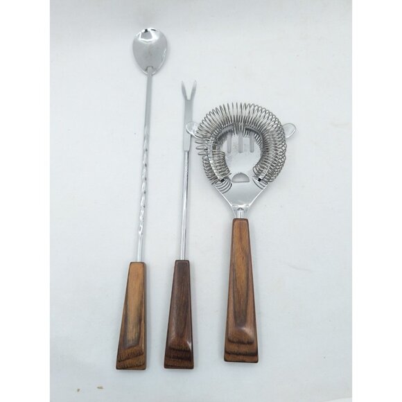 MCM 3 Barware strainer, Stirrer & fork pick faux wood handle bakelite? metal - Picture 1 of 15